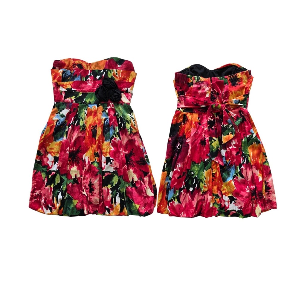 Speechless Strapless Floral Bubble Hem Dress XS Fit Flare Pleated Belted Bow Y2K